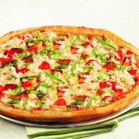 Maryland-Style Crab Pizza · Crabmeat and fresh tomatoes in Old Bay special Alfredo sauce. Topped with fresh-cut scallion...