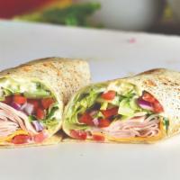 Sliced Turkey Wrap · Smoked oven-roasted turkey breast, American cheese, romaine lettuce, tomato, red onions and ...
