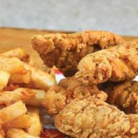 3 Pcs Chicken Strips With Crispy Fries · Served with honey mustard.