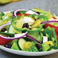 Greek Salad · Mixed lettuce, green pepper, tomato wedges, red onion, cucumbers, Kalamata olives, pepperonc...