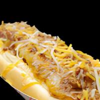 Chili Cheese Dog · A 1/4 pound all beef hotdog in a toasted bun topped with our in-house beef chili and melted ...