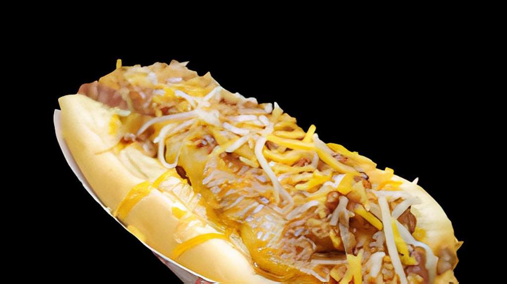 Chili Cheese Dog · A 1/4 pound all beef hotdog in a toasted bun topped with our in-house beef chili and melted shredded cheese.