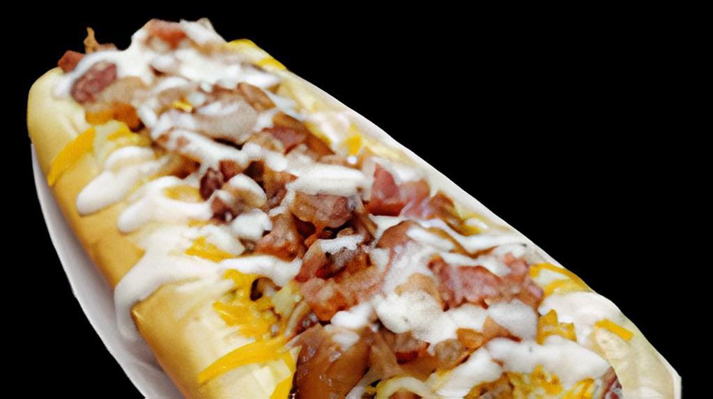 Bcr Dog · A 1/4 pound all beef hotdog on a toasted bun topped with real bacon, melted cheese and ranch dressing.
