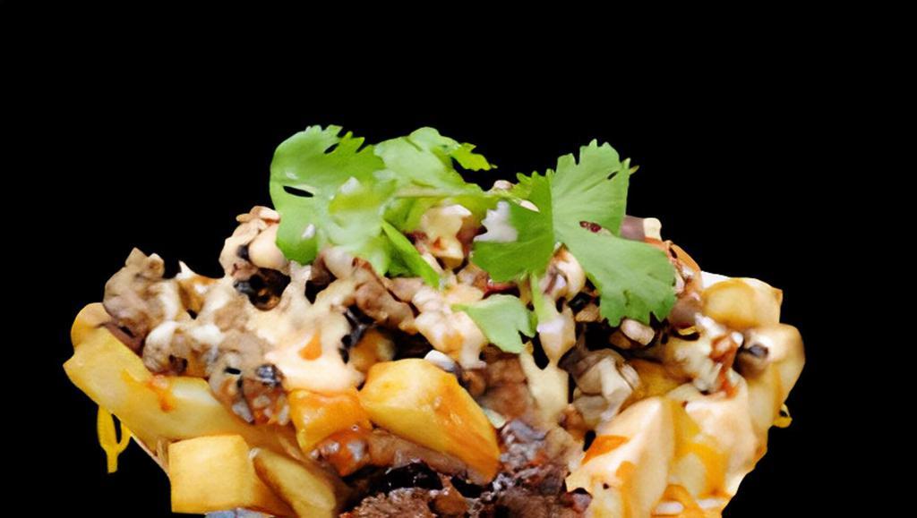 Bulgogi Fries · Seasoned fries mixed with a cup of shredded cheese topped with bulgogi (tender Korean Bbq beef), honey mayo (sauce), a bit of sriracha (sauce), and cilantro.