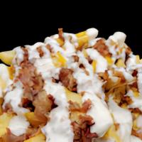 Bacon Cheese & Ranch Fries · Seasoned fries mixed with a cup of shredded cheese topped with real bacon and ranch dressing.