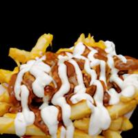 Chili Cheese Fries · Seasoned fries mixed with a cup of shredded cheese topped with in-house made chili (no beans...