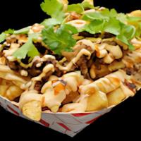 Vegan Bulgogi Fries · Seasoned Fries topped with Vegan-Bulgogi (organic tofu sauteed in Korean BBQ sauce), Vegan H...