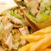 Chicken Caesar Wrap · Grilled Chicken Breast, hearts of romaine, shredded parmesan, with Caesar dressing, in a flo...
