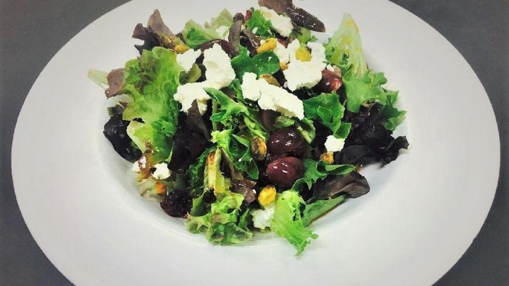 Lady Jane Salad · Gluten-free. Mixed greens, dried cranberries, pistachios, red grape halves, goat cheese, with champagne vinaigrette.