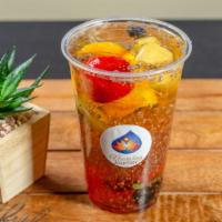 Chakra Tea · Cold White Tea with soaked Chia Seeds, a handful of fresh fruit that represent the chakras a...