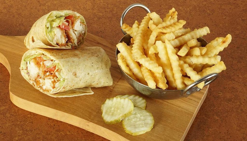 Chicken Bacon Ranch Wrap · Herb Flour Tortilla Filled With Homemade Chicken Tenders, Chopped Bacon, Swiss Cheese, Shredded Lettuce, Diced Tomatoes And Ranch Dressing.