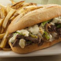 Philly Cheesesteak · Juicy chopped ribeye steak with grilled onions and Swiss cheese in a soft hoagie roll. Add o...