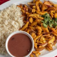 Lomo Saltado De Pollo · Chicken sauteed with onion, tomatoes and french fries served with rice and beans.