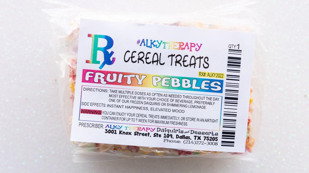 Fruity Pebbles Cereal Treat · Gourmet cereal treats  big enough to share with friends or keep it all to yourself.  This flavor consists of rice cereal, Fruity Pebble cereal, salted butter, vanilla flavoring and lots of marshmallows.