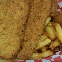 Fried Tilapia Basket · Tilapia filets hand battered to a golden crisp, served with house made tartar and your choic...