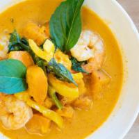 Red Curry · Spicy. Red curry paste with eggplant, red & green bell peppers, basil, and bamboo shoots. Se...