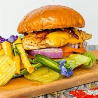 Chicken Sandwich · Burger bun garlic chipotle Mayo, 6 ounce fresh chicken breast lettuce tomato onion , 6 ounce...