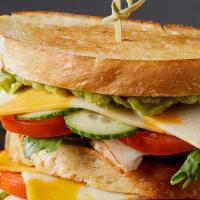 Turkey Club Sandwich · 3 slice of taxas toast bread 🍞, roasted garlic chipotle Mayo , lettuce tomato, 4 ounces smo...