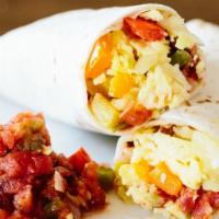 Spicy Breakfast Burritos · Choose between bacon, turkey sausages, or pork sausage loaded with breakfast potatoes scramb...