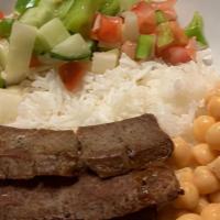 Gyro Or Chicken Platters · Gyro, Garbanzo beans, Rice and side of salad