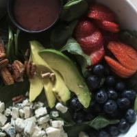 Berry Spinach · Spinach, strawberry, blueberry, avocado, pecans, with gorgonzola cheese and raspberry vinaig...