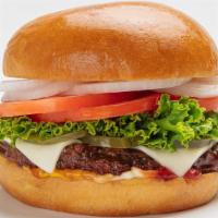 American Classic Burger · Classic beef burger with American cheese, lettuce, tomato, pickle, red onion, ketchup, musta...