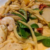 Seafood Curry · Spicy. Gluten free.  Shrimp, squid, scallop and imitation crab with bell pepper, bamboo stri...
