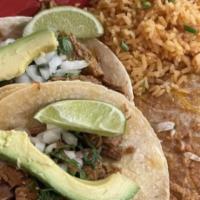 Crispy Taco · Three crispy or fried tacos, stuffed with beef, chicken or shredded beef with lettuce, tomat...