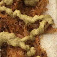 New York Dog · Topped with sauerkraut, sautéed onions & spicy brown mustard