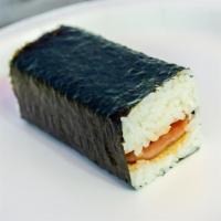 Spam Musubi · Cooked spam, dipped in teriyaki sauce and rice wrapped in seaweed