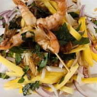 Sweet Mango Salad · ripe mango slices with grilled shrimp, jicama, red onion and basil tossed in tangy lime vina...