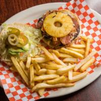 Hamburguesa Hawaiana · Meat, ham, mozzarella cheese, bacon, grilled pineapple, mayo, lettuce, tomatoes, avocado and...
