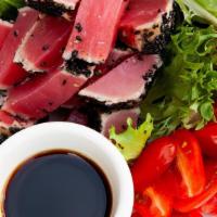 Seared Ahi Tuna Salad · Seared ahi tuna, organic spring mix, sesame seeds, tomatoes