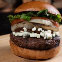 The Red White & Bleu · 6oz. angus dried aged patty, hearty bleu cheese sauce, caramelized tomato jam, grilled onion...