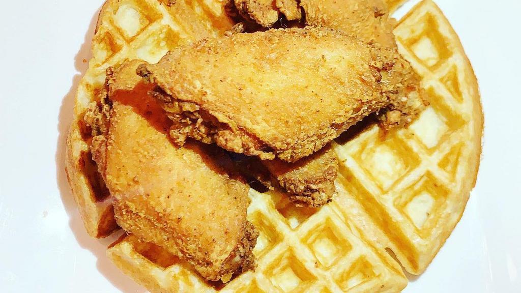 Chicken And Waffles  · Belgian waffle with 4 crispy fried Wingettes