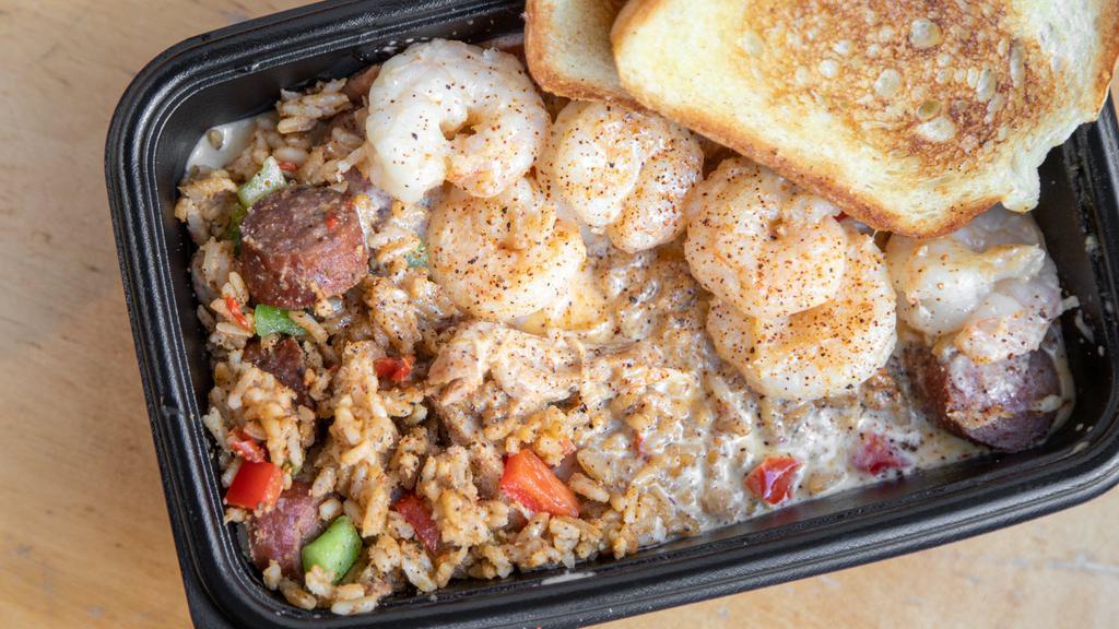 New Orleans Blackened Shrimp · Popular. Gluten friendly. Gulf shrimp shell off in a creamy butter sauce, comes with a soup of jambalaya and french bread.