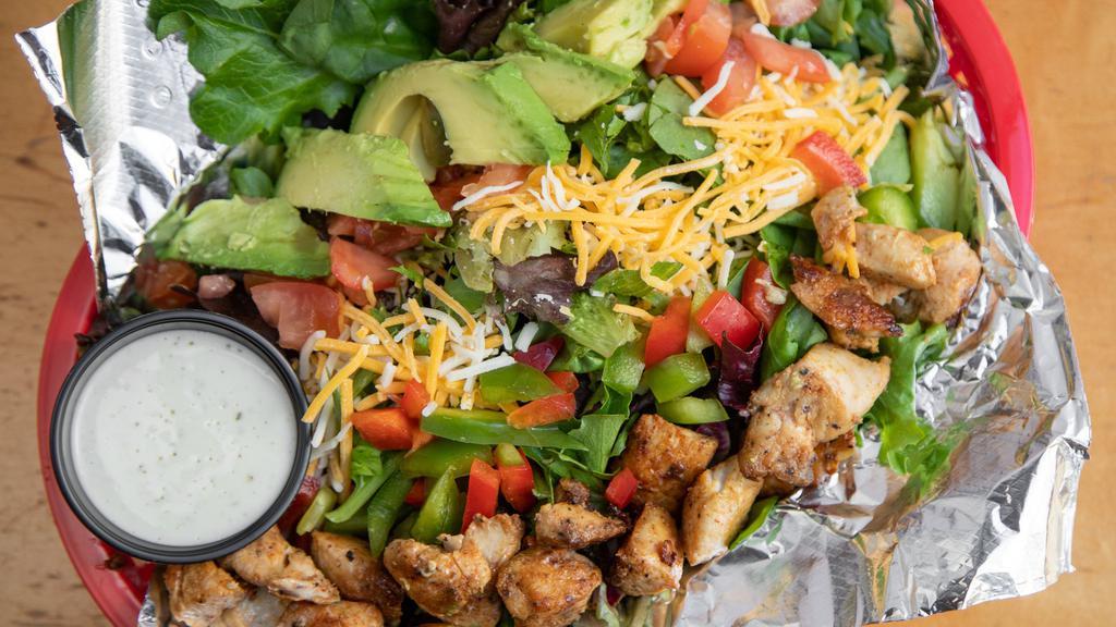 Chicken Salad · Gluten friendly. Mixed greens, tomatoes, bell peppers and shredded cheese. Choice of dressing.