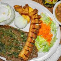 Bandeja Paisa · Steak, chicken or pork with rice, pork rind, Colombian sausage, fried
plantain, beans and a ...