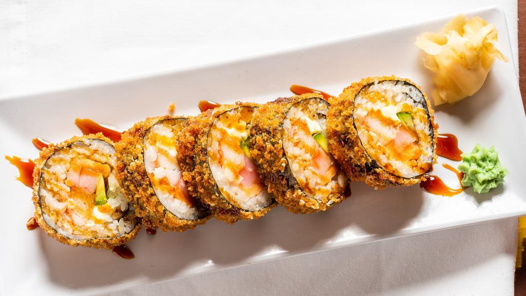 #31. 5 Pieces Yum Yum Special Roll · Salmon, tuna, avocado, crab, and cream cheese, deep-fried with bread crumbs.