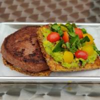 Beyond Acocado Toast (V) · Plant based patty, avocado puree, watercress on seven grain toast. Vegan.