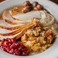 Spit-Roasted Turkey Dinner · Sunday night only!  Mushroom-herb stuffing, cranberry relish, gravy, redskin mashed potatoes