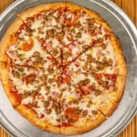 All Meat Pizza · Pepperoni, sausage, breakfast bacon, beef, Italian, sausage, canadian bacon, and cheese.