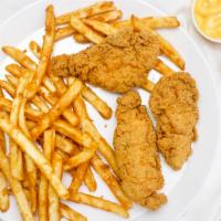 Chicken Strips With Fries · Three chicken strips with crispy French fries. Served with honey mustard and coleslaw.