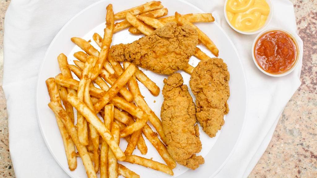 Chicken Strips W/Crispy Fries · Served with honey mustard and coleslaw.