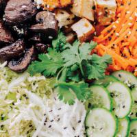 Seoul Bowl · brown rice, spinach, tofu, roasted mushrooms, cucumber, daikon radish, napa cabbage, carrot,...
