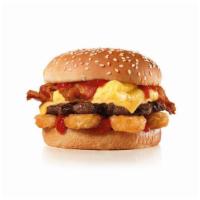 The Breakfast Burger · Charbroiled all-beef patty, crispy bacon, egg, american cheese, hash rounds�, and ketchup on...