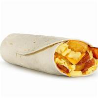Bacon Beast Breakfast Burrito · With four strips of bacon, hash rounds, American cheese, scrambled eggs, and shredded chedda...