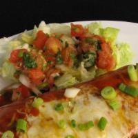 Enchiladas · Tres enchiladas de pollo, queso o carne con tu elección de salsa: chile, tomatillo verde.
qu...