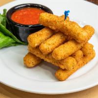 5 Piece Mozzarella Sticks  · Warm melted mozzarella cheese covered in bread crumbs and fried to a golden brown. Perfect f...