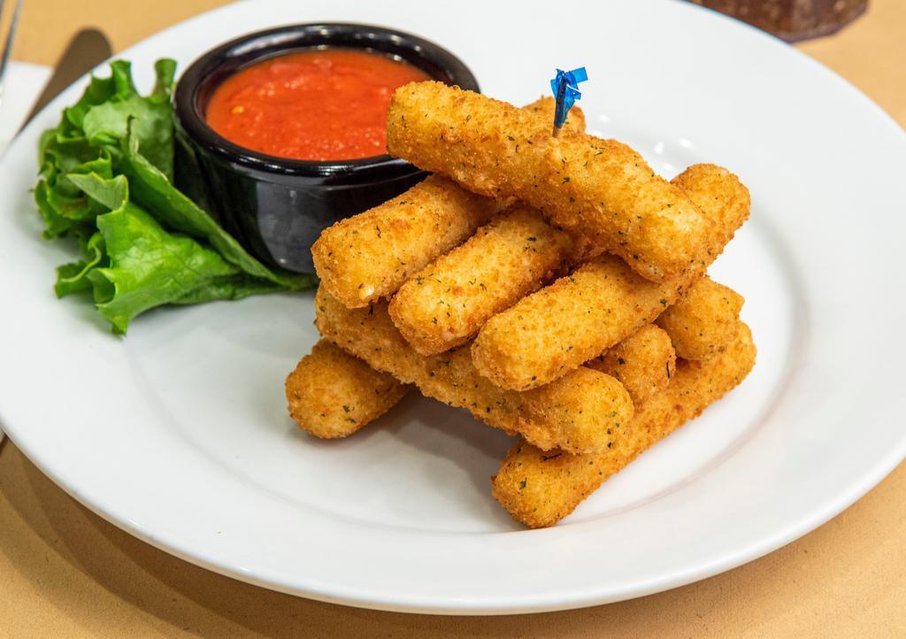 5 Piece Mozzarella Sticks  · Warm melted mozzarella cheese covered in bread crumbs and fried to a golden brown. Perfect for dipping. Perfect for sharing. Served with marinara sauce.
